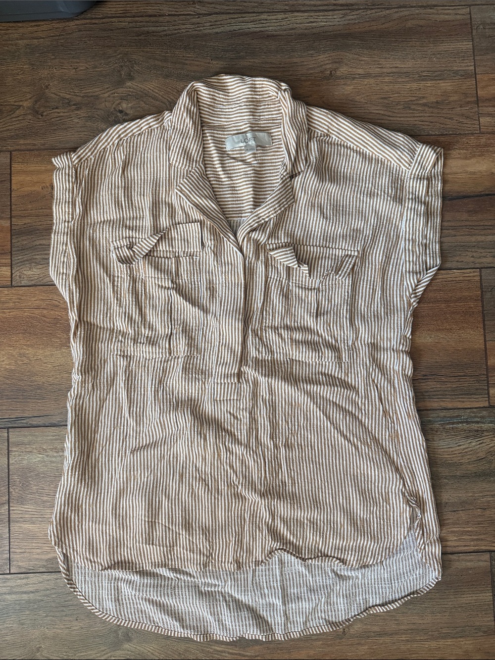 LOFT Beige and White Striped Short-Sleeve Button Down Shirt